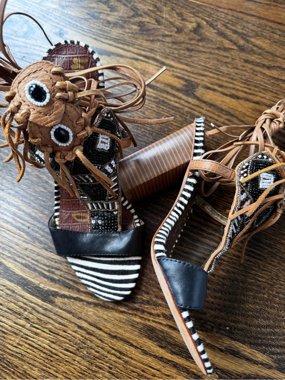 Sam Edelman Beaded Lace-Up Block Heel Sandal - Black, Tan, Zebra